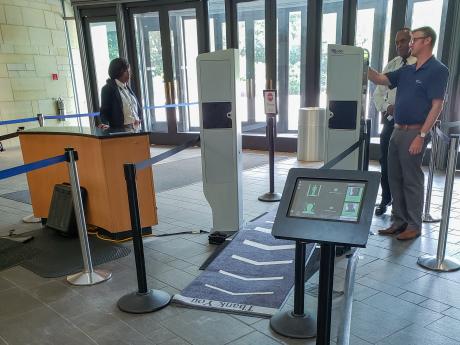 The visitor screening station at the entrance of a museum